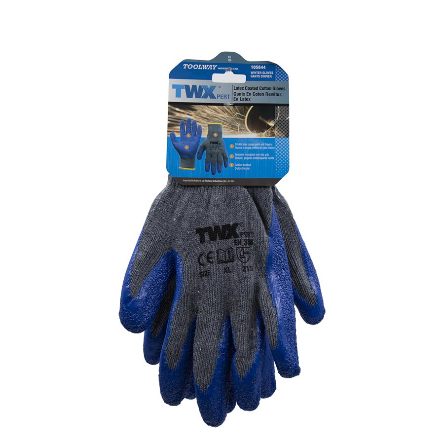 1DZ. KNITTED COTTON GLOVES GRAY WITH CRINKLE LATEX PALM BLUE (XL)