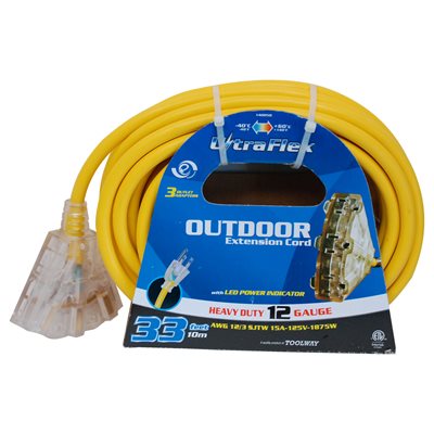 EXTENSION CORD OUTDOOR SJTW 12 / 3 LIGHTED 3-TAP YELLOW 30FT