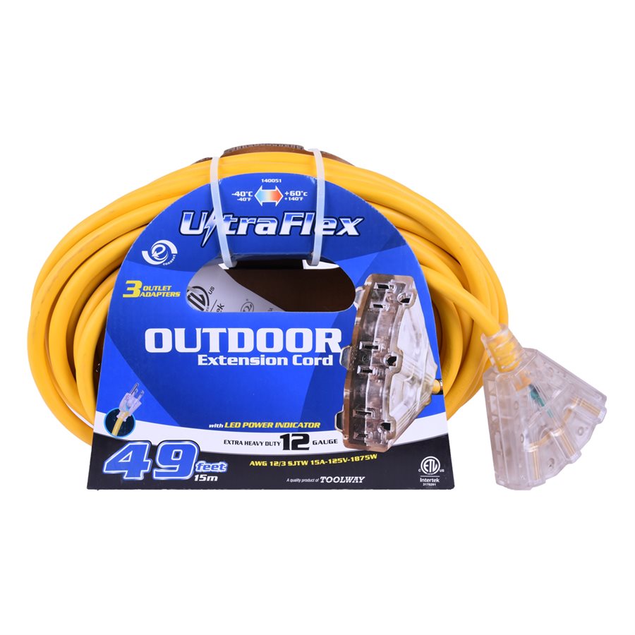 EXTENSION CORD OUTDOOR SJTW 12 / 3 LIGHTED 3-TAP YELLOW 50FT